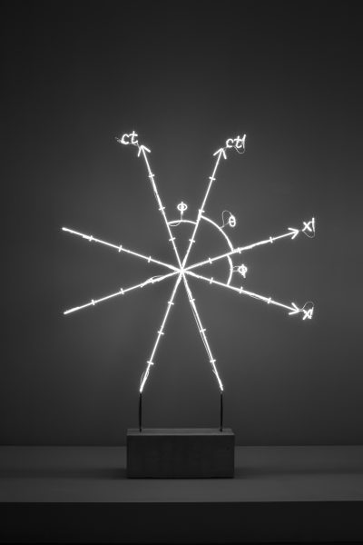 Spacetime Symmetry, 2020 6500K neon, white blown glass, metal structure, concrete base, electricity Approx. 233 x 170 x 19 cm 91 3/4 x 66 7/8 x 7 1/2 in Edition of 3