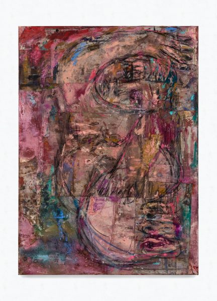 Venus (magenta, pink and green), 2022 Oil, oil stick, acrylic, ink, charcoal, spray paint, sand, coarse pumice gel and collaged fabrics on canvas 180 x 120 cm 70 7/8 x 47 1/4 in