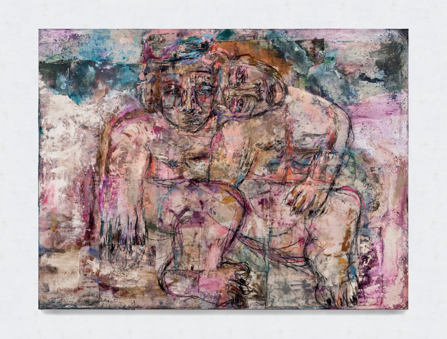 Couples in landscape (white, magenta and green), 2022 Oil, oil stick, acrylic, ink, charcoal, spray paint, sand, coarse pumice gel and collaged fabrics on canvas 190 x 250 cm 74 3/4 x 98 3/8 in