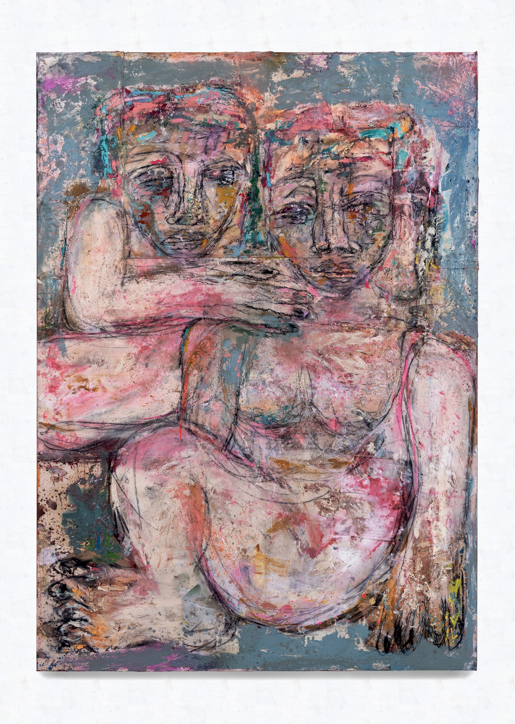 Where the wild things are (light teal, white and pink), 2022 Oil, oil stick, acrylic, ink, charcoal, spray paint, sand, coarse pumice gel and collaged fabrics on canvas 210 x 150 cm 82 5/8 x 59 1/8 in