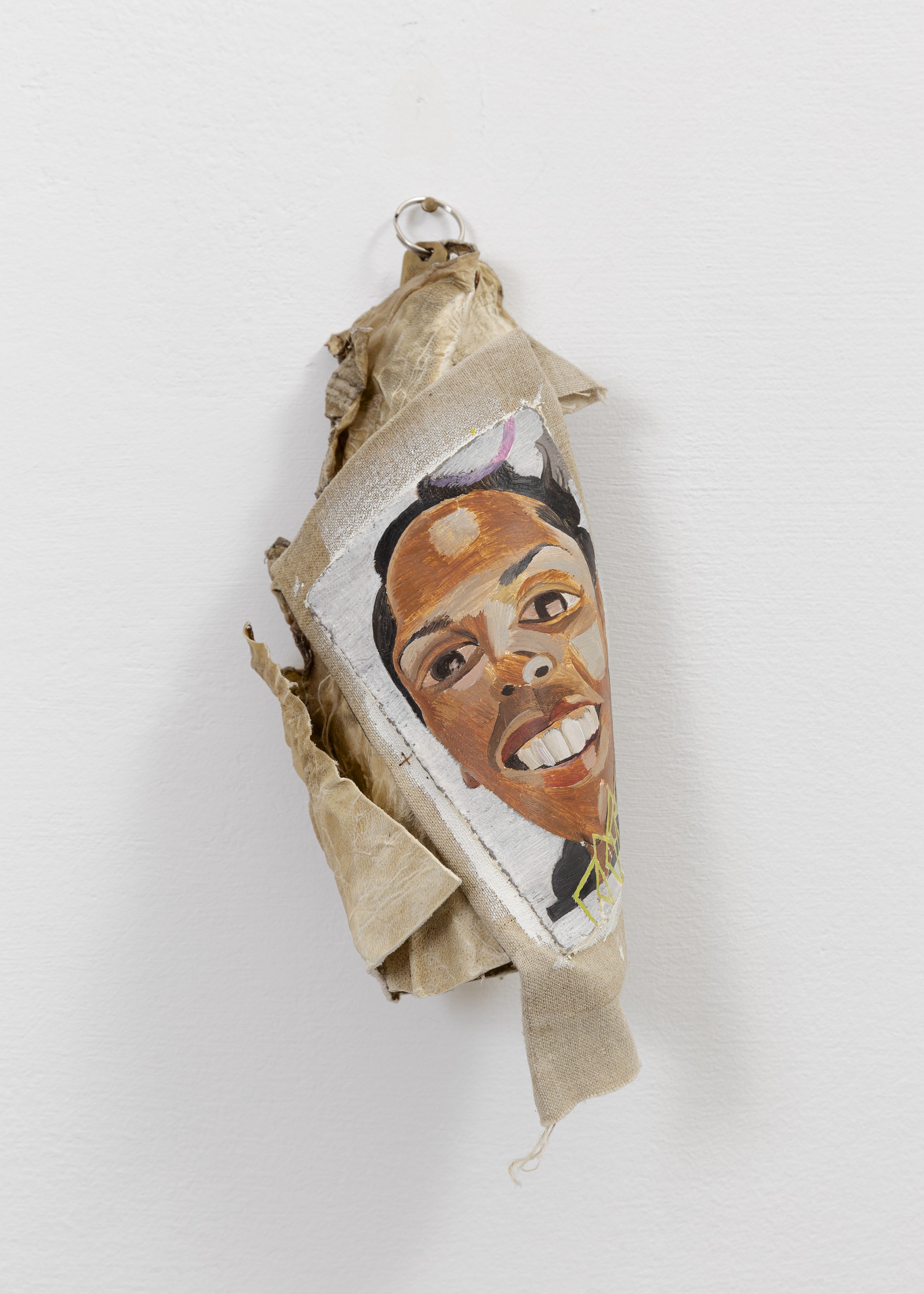 It's open!, 2021 metal, deer rawhide, oil on linen 37 x 13 x 10 cm 14 5/8 x 5 1/8 x 4 in