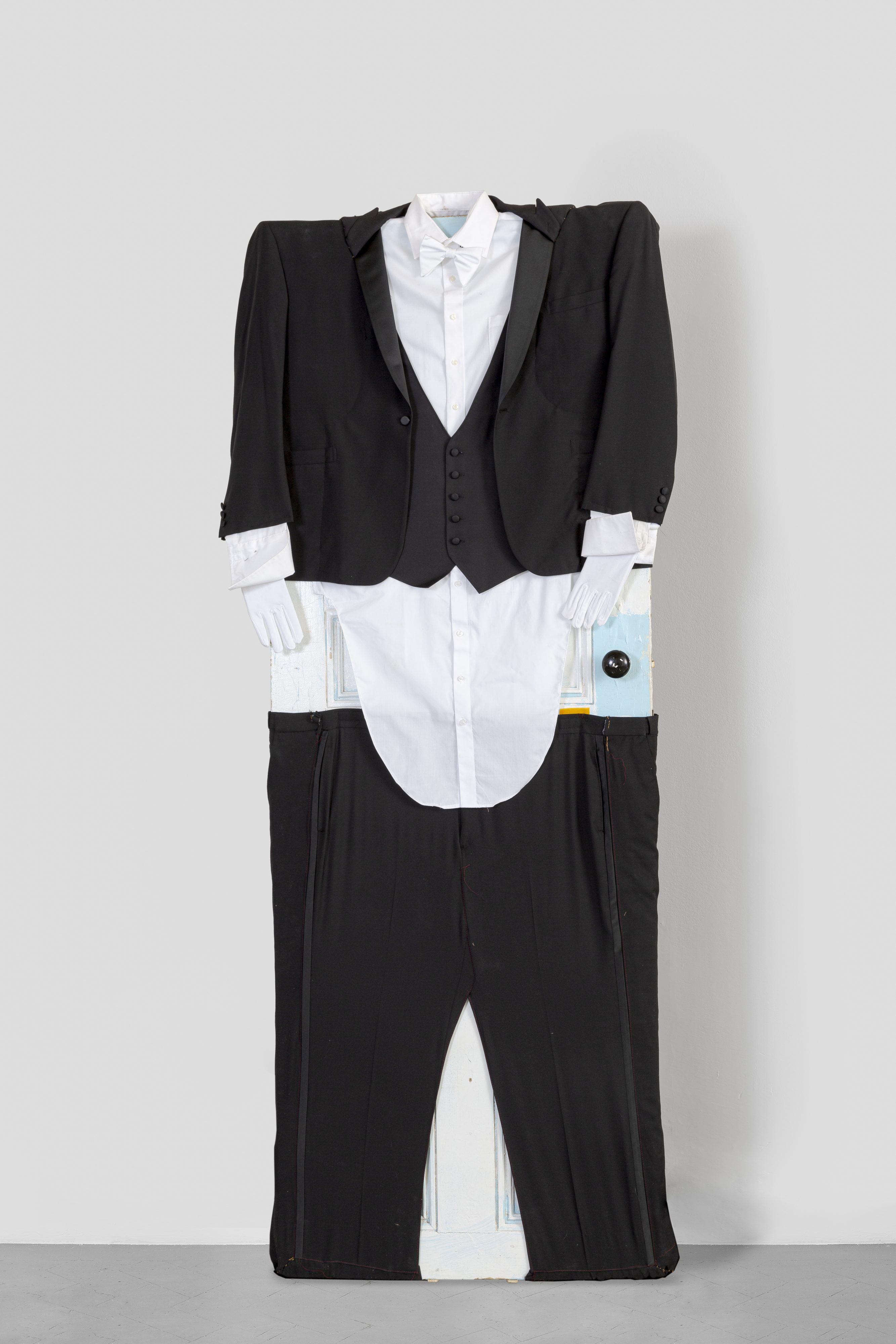 What Lead You to Newfound Innocence, 2021 Suiting, found door 213.4 x 76.2 x 40.6 cm 84 x 30 x 16 in