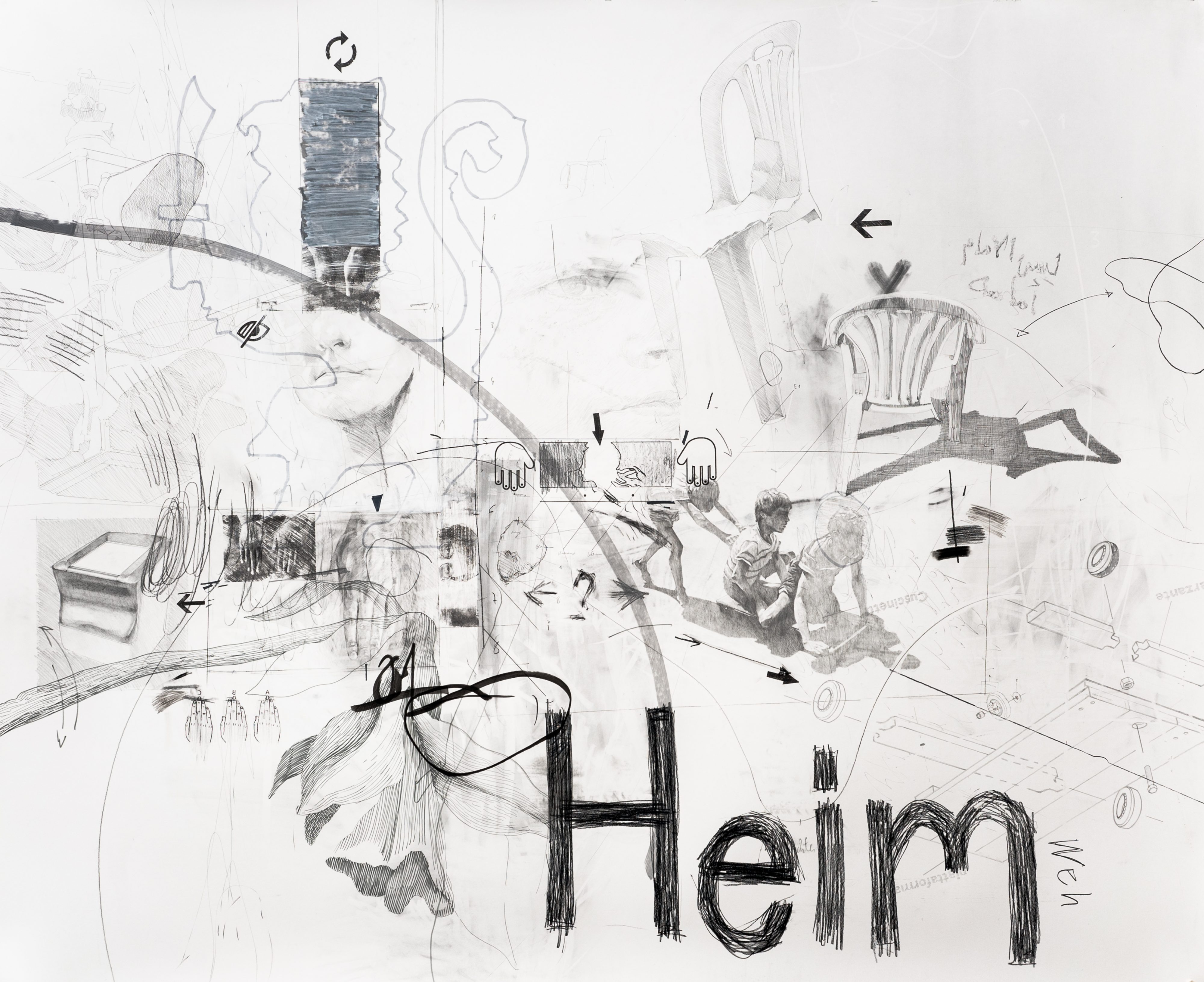 Exil I, 2019 Graphite powder, ink and transfer on cotton paper 200 x 240 cm 78 3/4 x 94 1/2 in